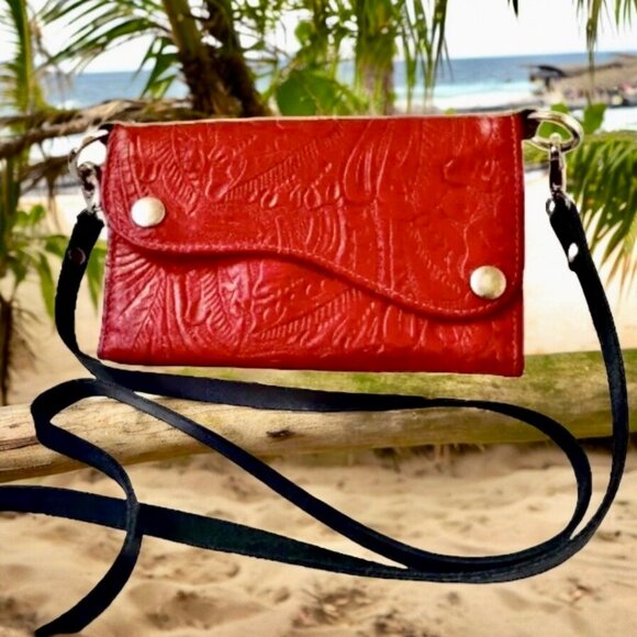 KAHLILA Red Tooled Leather Crossbody Wallet Purse Bag - Picture 4 of 16